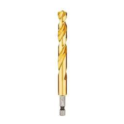 The Red Helix Titanium Impact Drill Bit is shown, featuring a golden titanium coating, a spiral design for efficient drilling, and a hexagonal shank for strong grip and compatibility with impact drivers.