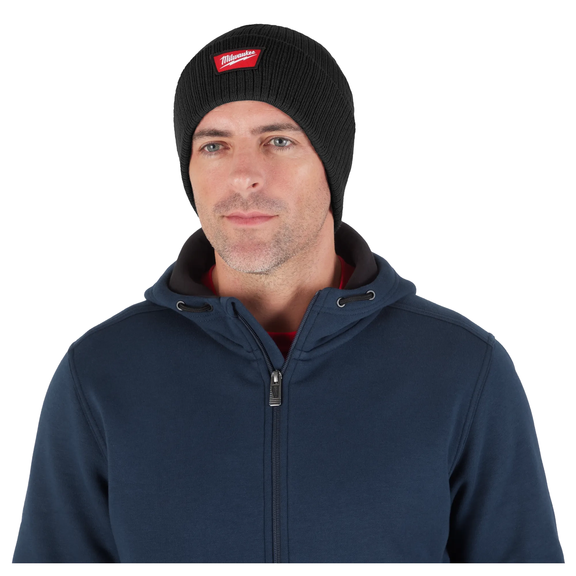 Image of a man wearing the Milwaukee Rib-Knit Cuffed Beanie in black