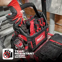 App Shot Overlay shows a Milwaukee Packout tool bag filled with various tools, featuring tear-resistant layered material and a glove-handled plier.