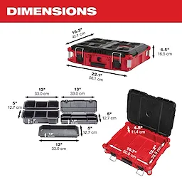 Red and black tool organizer with internal and external dimensions. External: 22.1"x16.2"x6.5". Internal compartments: 13"x3", 13"x5".