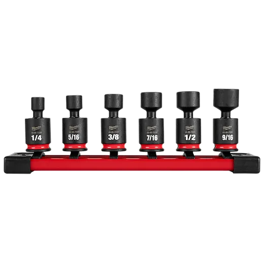 The 6PC SHOCKWAVE Impact Duty 1/4" Drive 6 Point SAE Standard Swivel Socket Set includes six black swivel sockets in sizes 1/4, 5/16, 3/8, 7/16, 1/2, and 9/16 inches, mounted on a red organizing rail. Each socket has a red band and clear labeling.