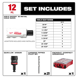 The 12PC QUIK LOK™ HOLE DOZER™ Bi-Metal Kit with PACKOUT™ Compact Organizer includes 12 hole saws of various sizes, a QUIK LOK™ arbor, two carbide-tipped pilot bits, and a compact organizer for storage.