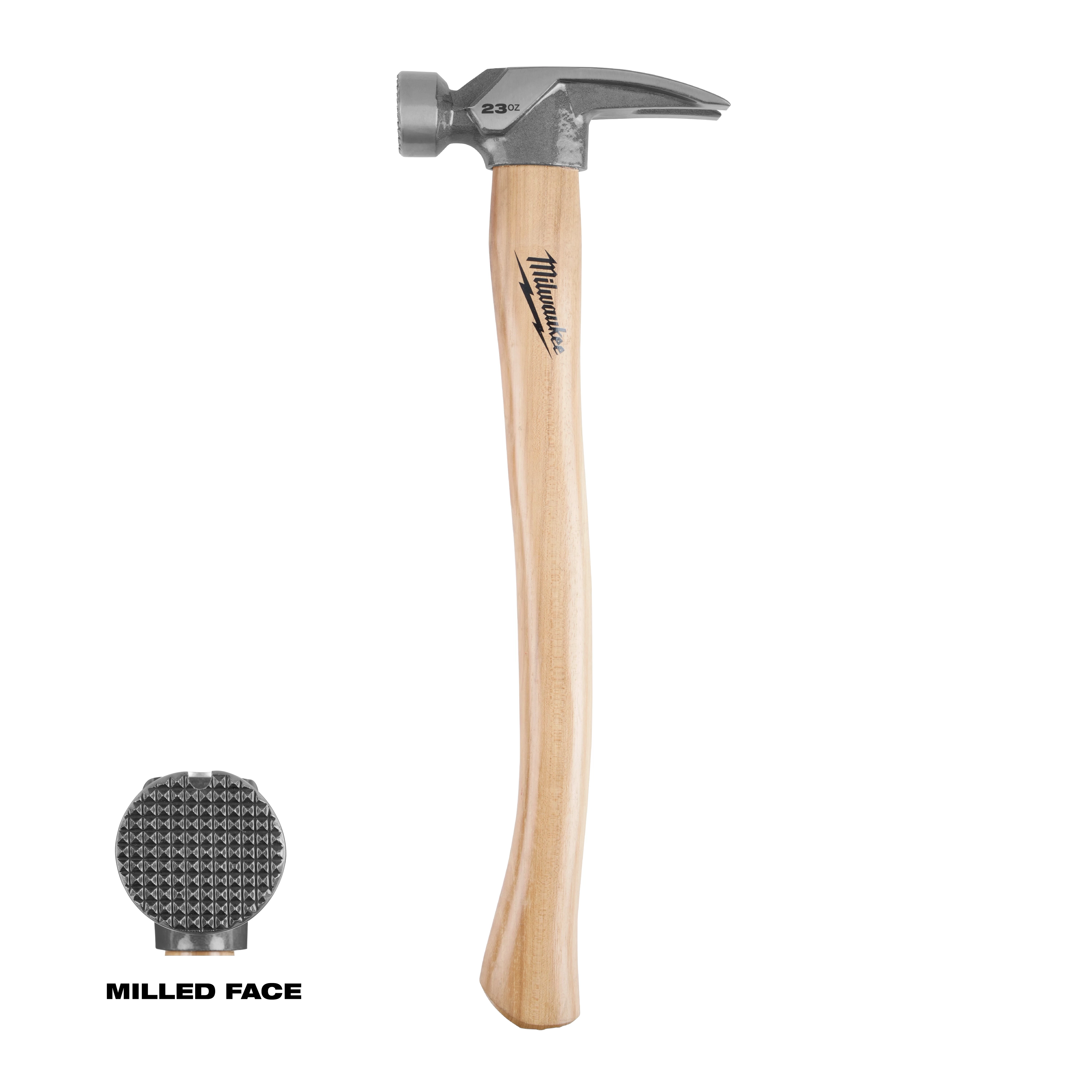 23oz Milled Face Hickory Handle Framing Hammer with metal head and wood handle, plus a close-up of the milled face.