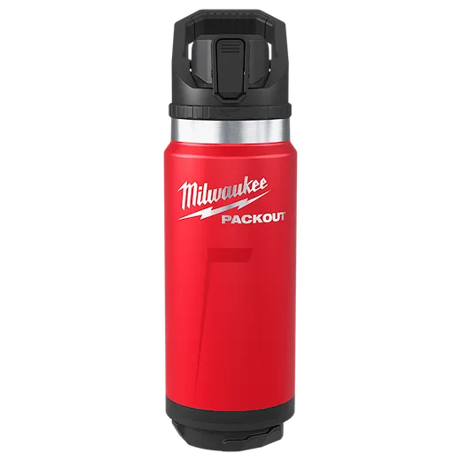 PACKOUT 24oz Insulated Bottle with Straw Lid standing upright with a flip-top black lid and metal band near the top.