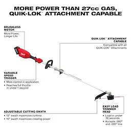 M18 QUIK-LOK Brushless 15” String Trimmer Kit displayed with labeled features on a plain background.