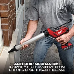 A person wearing a grey shirt and jeans uses a Milwaukee Cordless Caulking Gun to apply sealant along a brick wall and window. The image highlights the tool’s anti-drip mechanism. Text at the bottom reads, "ANTI-DRIP MECHANISM: INSTANTLY STOPS MATERIAL FROM DRIPPING UPON TRIGGER RELEASE."