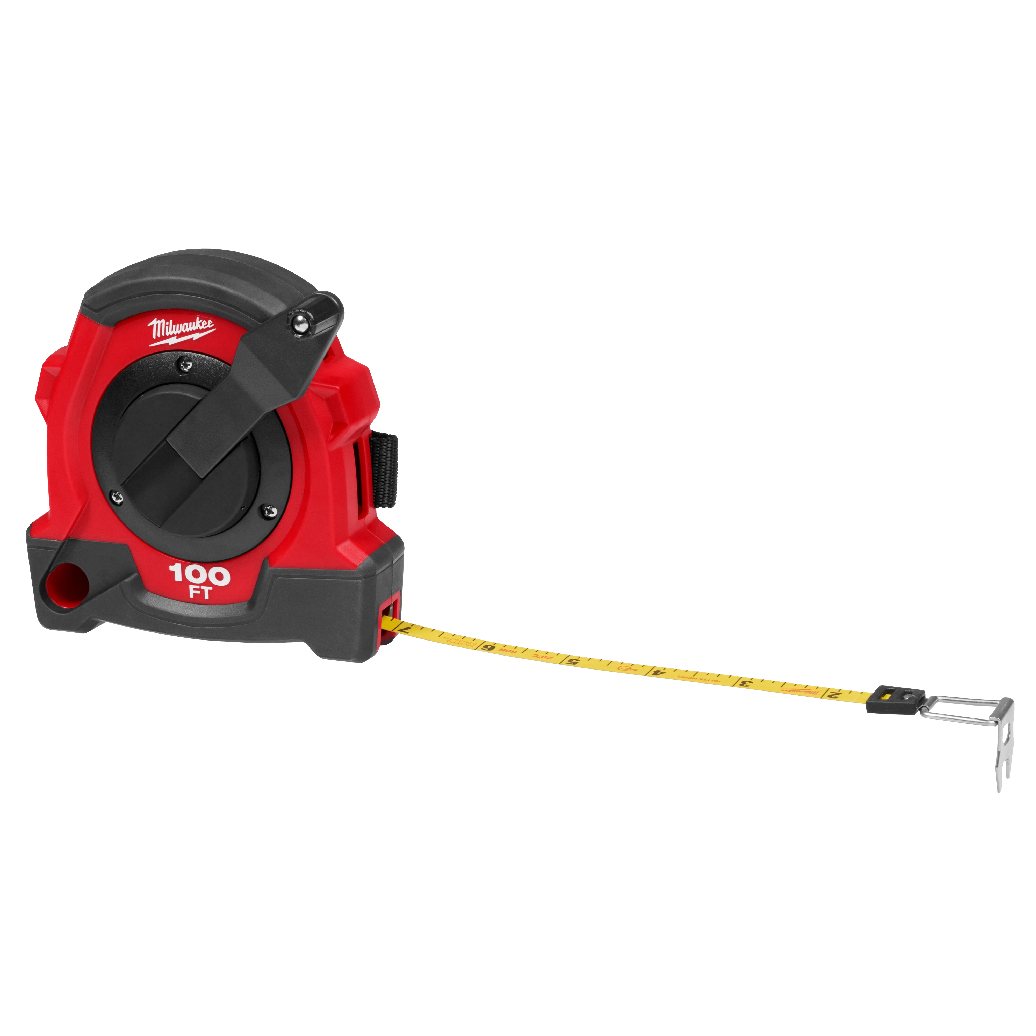 Milwaukee 100FT Closed Reel Long Tape with a retractable yellow measuring tape extended, showing its length in feet.