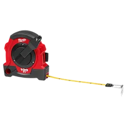 Milwaukee 100FT Closed Reel Long Tape with a retractable yellow measuring tape extended, showing its length in feet.