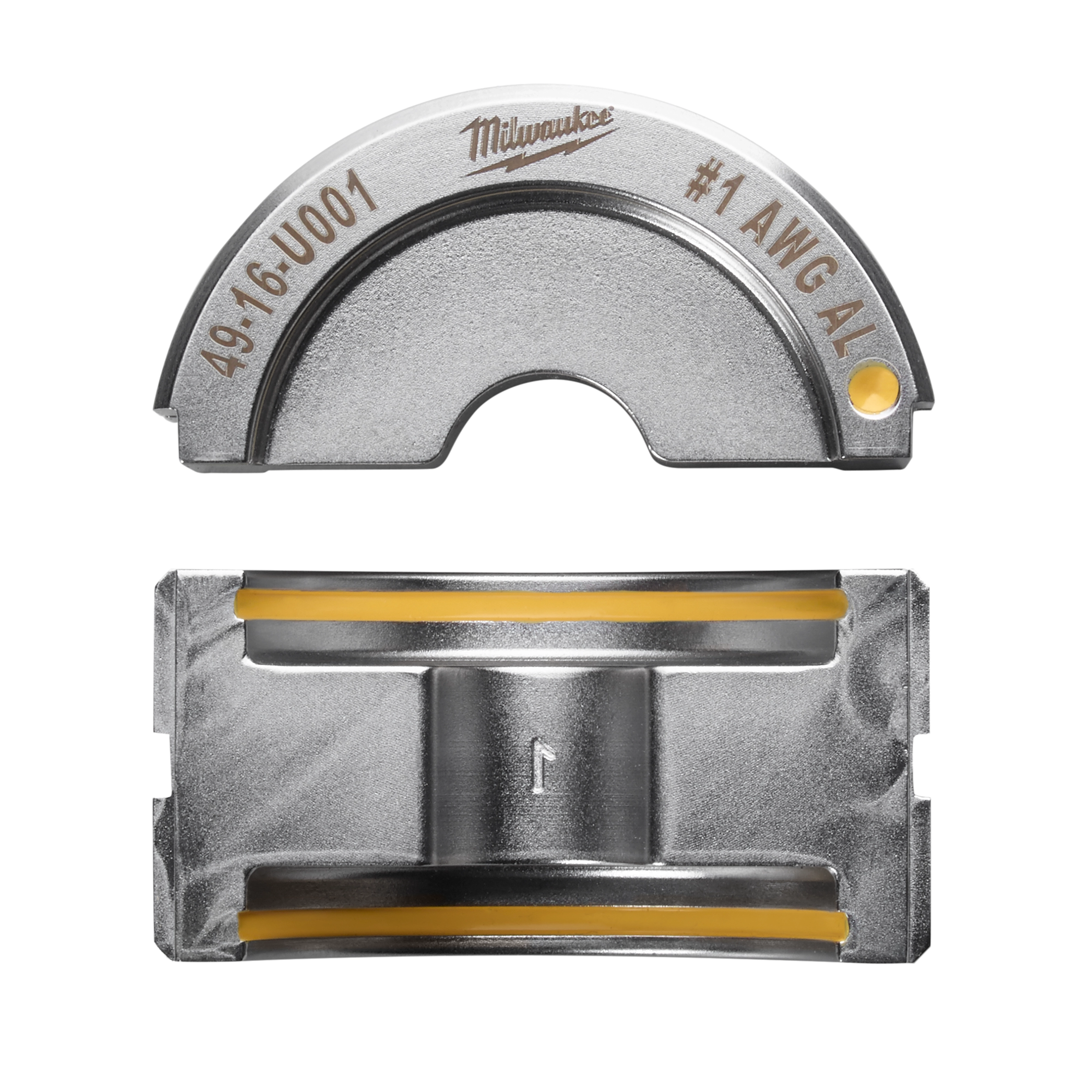 The image shows two views of the %231 Aluminum U Style Die, made of metallic material with yellow accent bands. The top view is an arc shape with text that reads "49.16.U001" and "#1 AWG AL." The bottom view displays a rectangular die component.