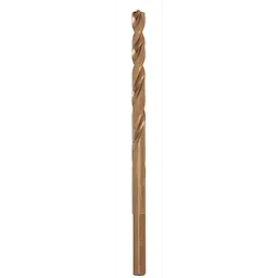 The RED HELIX™ Cobalt 3/16" Drill Bit has a spiral flute design with a bronze finish. It is used for drilling in hard metals and offers enhanced durability and speed.