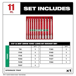 11pc 1/4” and 3/8” Drive Long TORX Bit Socket Set, with 11 sockets including sizes T8 to T50 shown in a red storage tray.