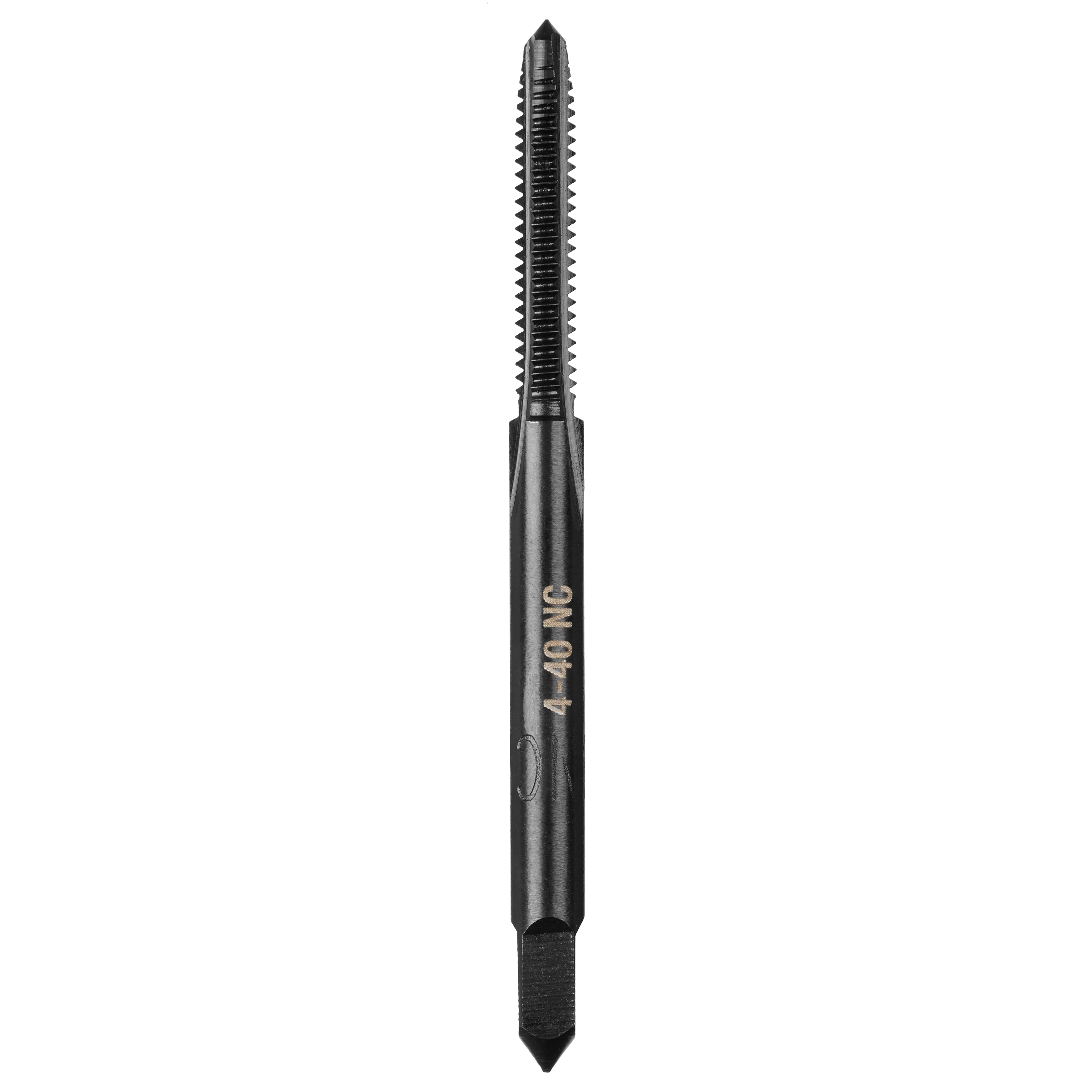 4-40 NC Straight Flute Plug Tap with a dark finish, designed for threading or cutting internal threads in metalworking applications.