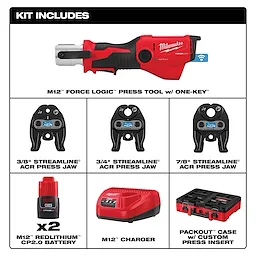 M12 FORCE LOGIC PRESS TOOL KIT w/ ONE KEY with 3/8", 3/4", & 7/8" Streamline ACR Press Jaws, batteries, charger, and case.