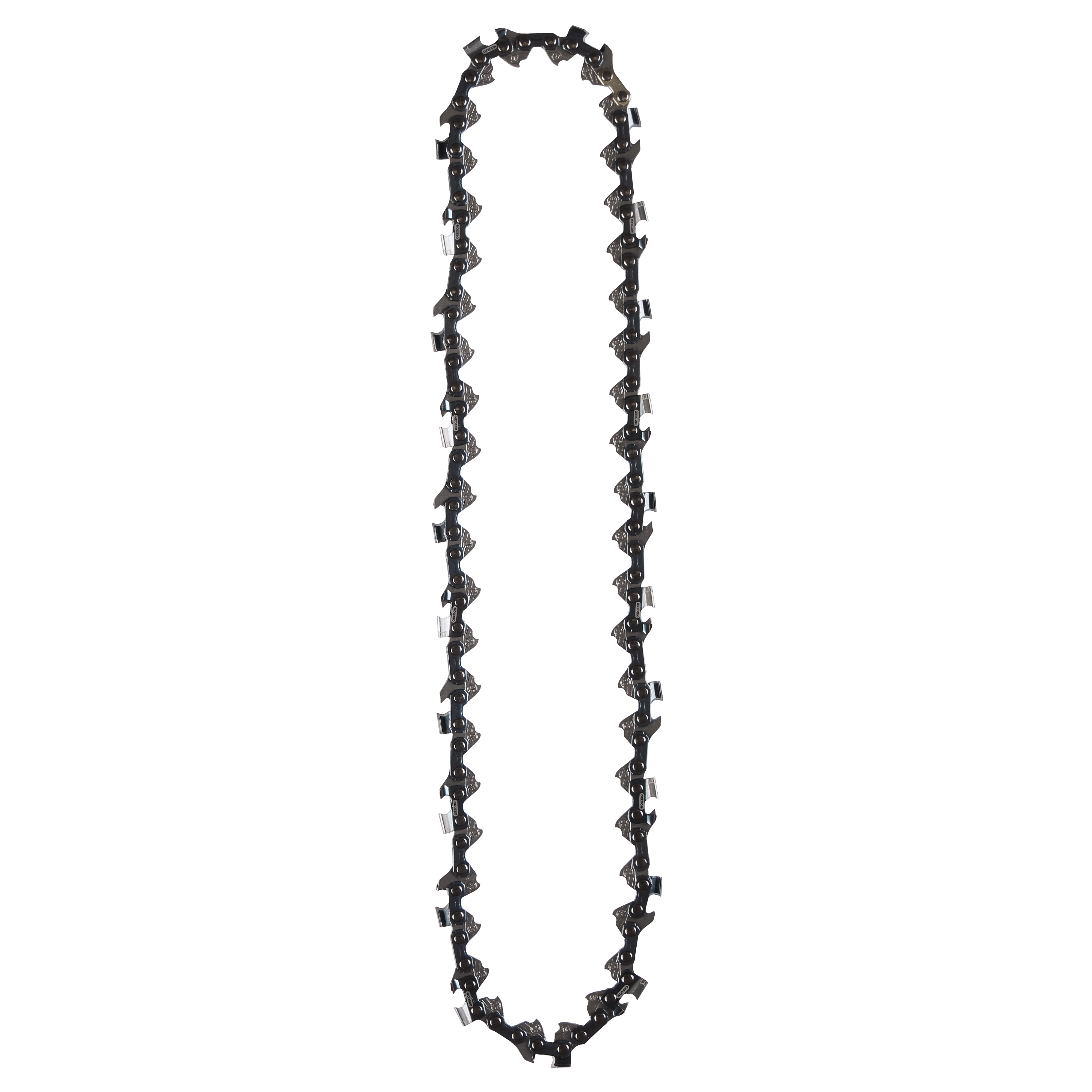 A chainsaw chain with multiple teeth arranged in a loop.