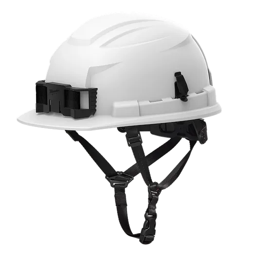 The BOLT™ White Front Brim Safety Helmet features a 4-point ratcheting suspension, providing secure fit and superior protection. This Type 2, Class E helmet includes a convenient front bracket for attachment of accessories and a chin strap for added stability and safety in demanding work environments.