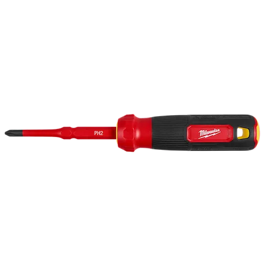 Milwaukee 2-in-1 1000V Insulated Flip Shank Multi-Bit Screwdriver features a red and black handle with a yellow accent, a reversible shank, and PH2 bit. Designed for electrical safety, it is rated for 1000 volts.