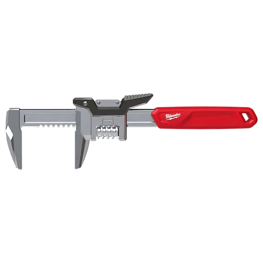 12” Quick Adjust Smooth Jaw Wrench with a metal adjustable jaw and a solid red handle on a plain background.