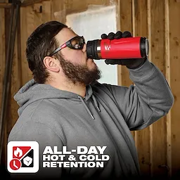 Person drinking from a red PACKOUT 18oz Insulated Bottle with Sip Lid. Text reads, "ALL-DAY HOT & COLD RETENTION" with icons below.