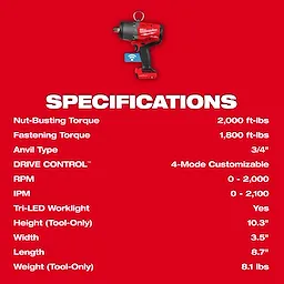 M18 FUEL 3/4" High Torque Impact Wrench w/ ONE-KEY centered above listed tool specifications.