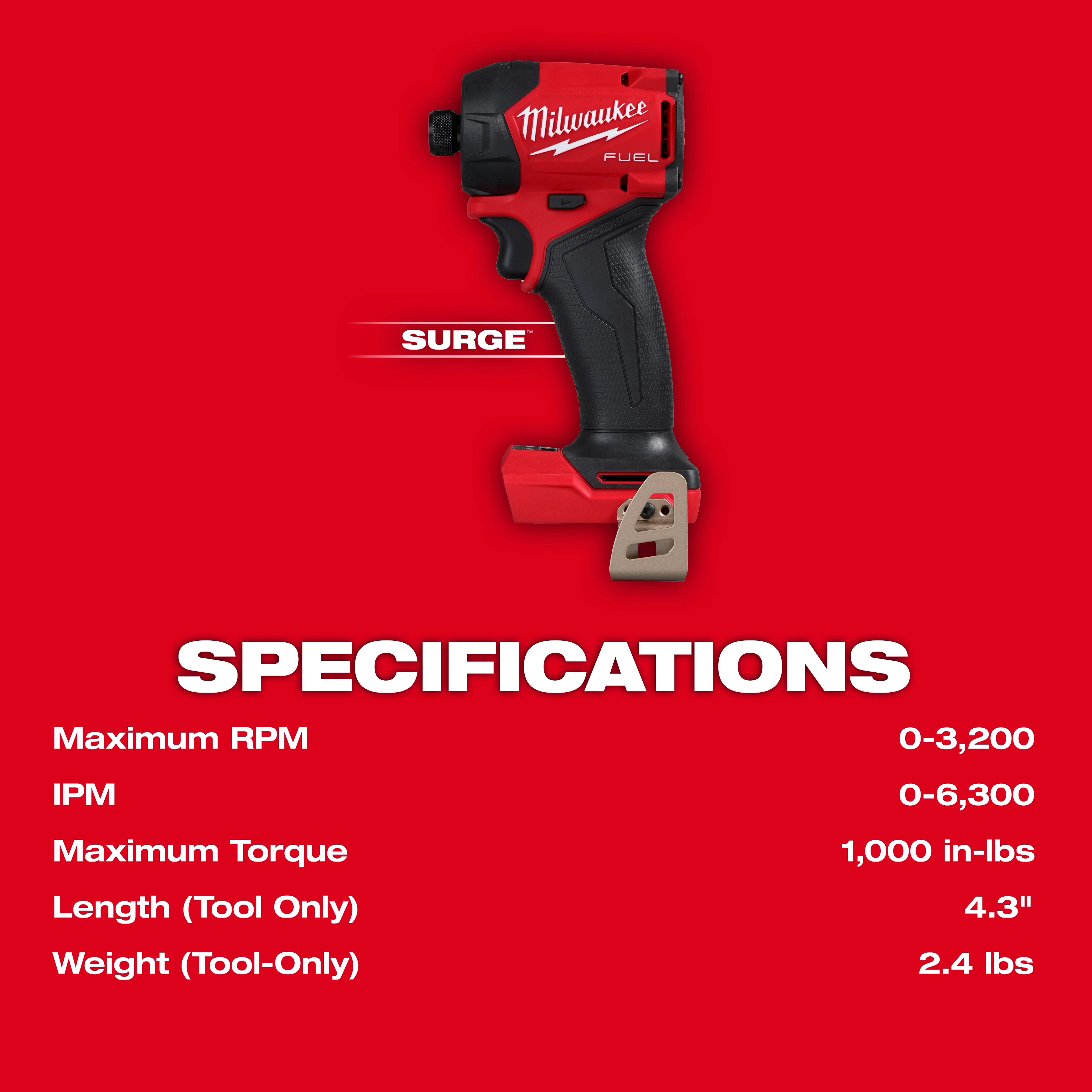 Milwaukee M18 FUEL™ SURGE™ 1/4" Hex Hydraulic Driver on a red background. Specifications include maximum RPM of 0-3,200, IPM of 0-6,300, maximum torque of 1,000 in-lbs, 4.3" length, and 2.4 lbs weight.