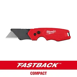 FASTBACK Compact Folding Utility Knife with a red handle and exposed utility blade on a white background.