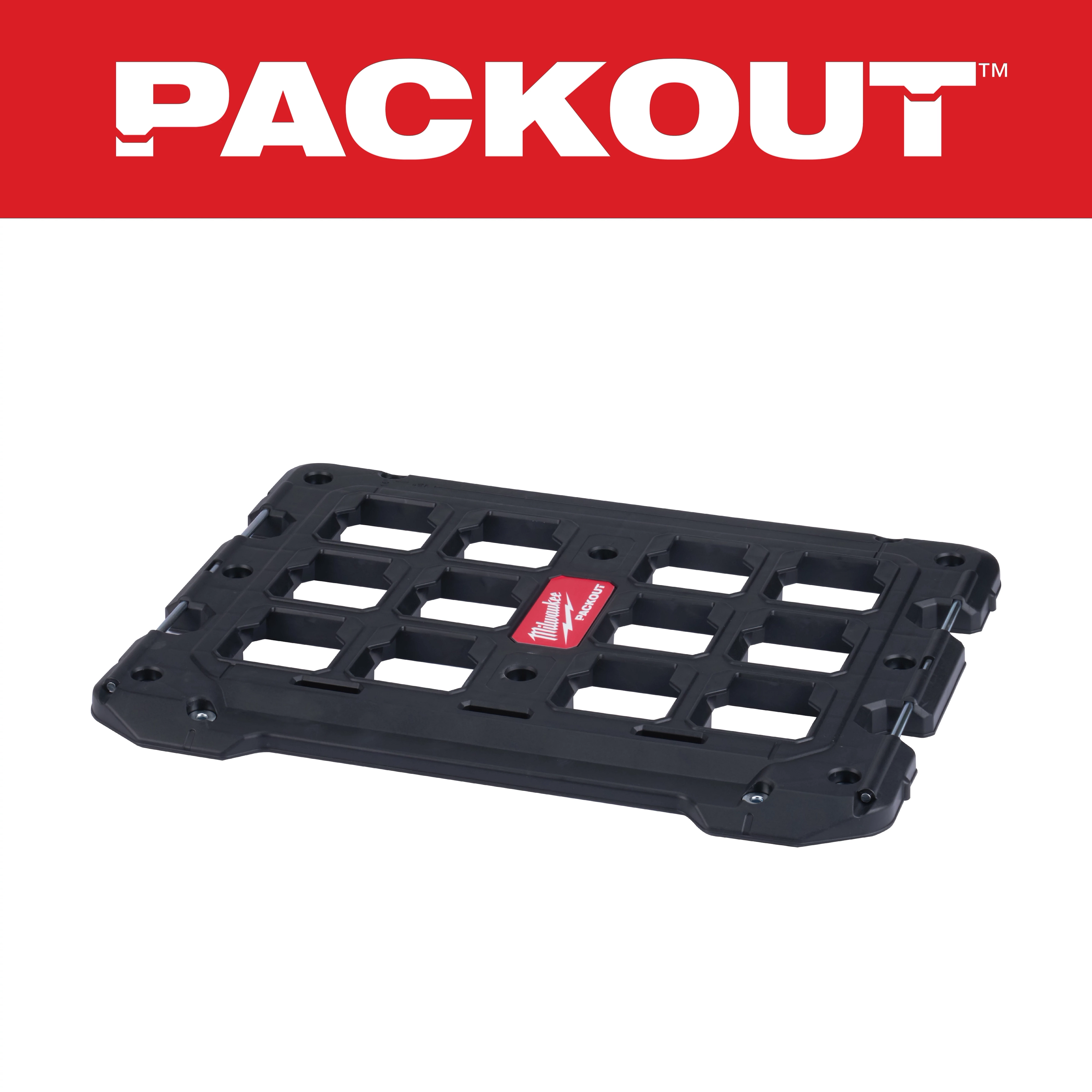 Black PACKOUT Mounting Plate with rectangular cut-out design in the center and red logo on a white background with product name.