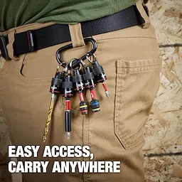 5PC Bit Holder with Carabiner attached to a person's belt, displaying easy access to various drill bits. The text "EASY ACCESS, CARRY ANYWHERE" is in the bottom left corner. The person wears tan pants and a green shirt in front of a wooden wall background.