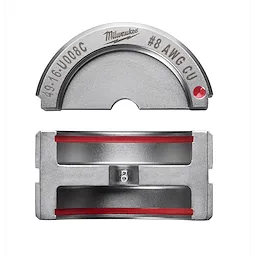 The product image features the %238%20Copper%20U%20Style%20Die, a metal tool part used for crimping. The die is silver with red accents and has inscriptions indicating it is for #8 AWG CU wire. The brand logo is visible on the upper section.