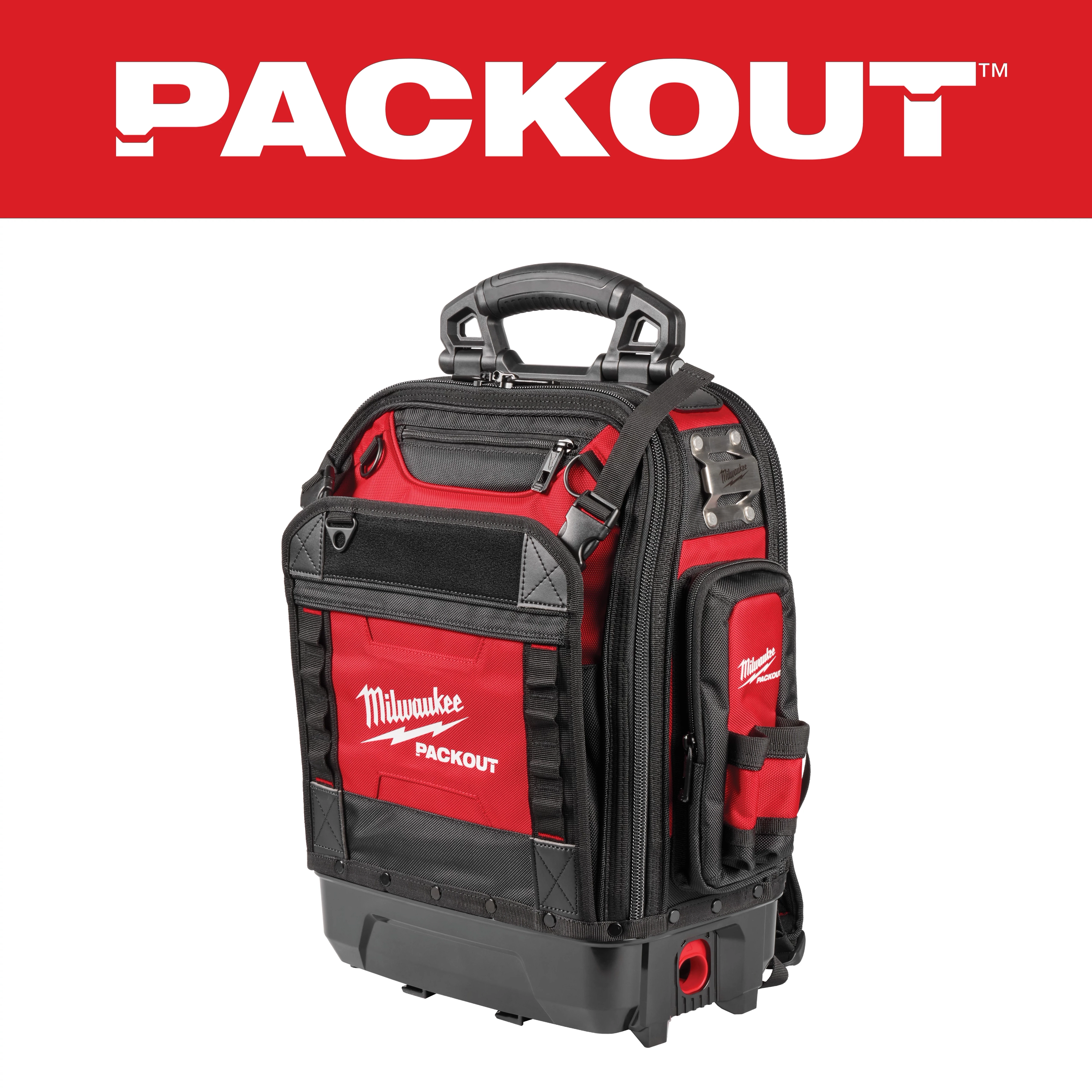 Primary Image is a Milwaukee Packout tool backpack with multiple compartments and sturdy design, under the red PACKOUT logo.