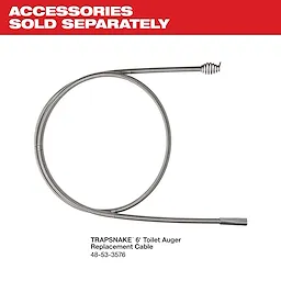 TRAPSNAKE 6-foot Toilet Auger Replacement Cable is a coiled metal cable used to clear toilet clogs. The image shows the cable with details provided: product number 48-53-3576. The text "ACCESSORIES SOLD SEPARATELY" appears at the top of the image.
