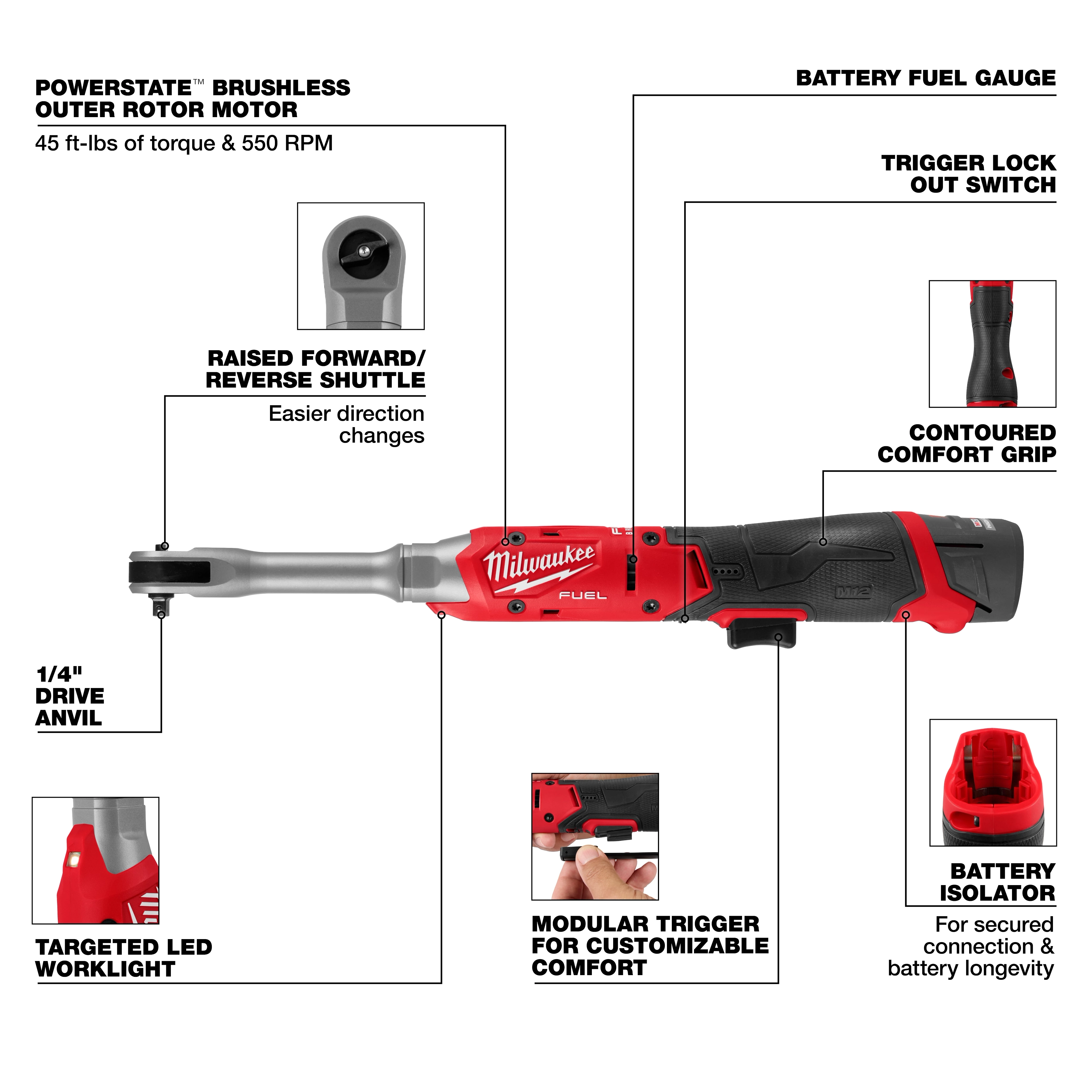 M12 FUEL 1/4" Extended Reach Ratchet with labeled features and close-up detail callouts.