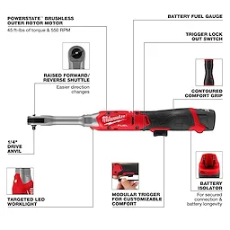 M12 FUEL 1/4" Extended Reach Ratchet with labeled features and close-up detail callouts.