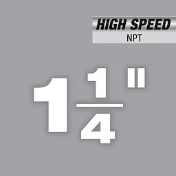 1-1/4" High Speed NPT Forged Aluminum Die Head with a grey background and bold black and white text, emphasizing size and NPT type.