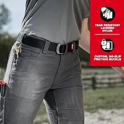 Image of a person wearing the Milwaukee FREEFLEX™ Nylon Webbing 1.5" Belt