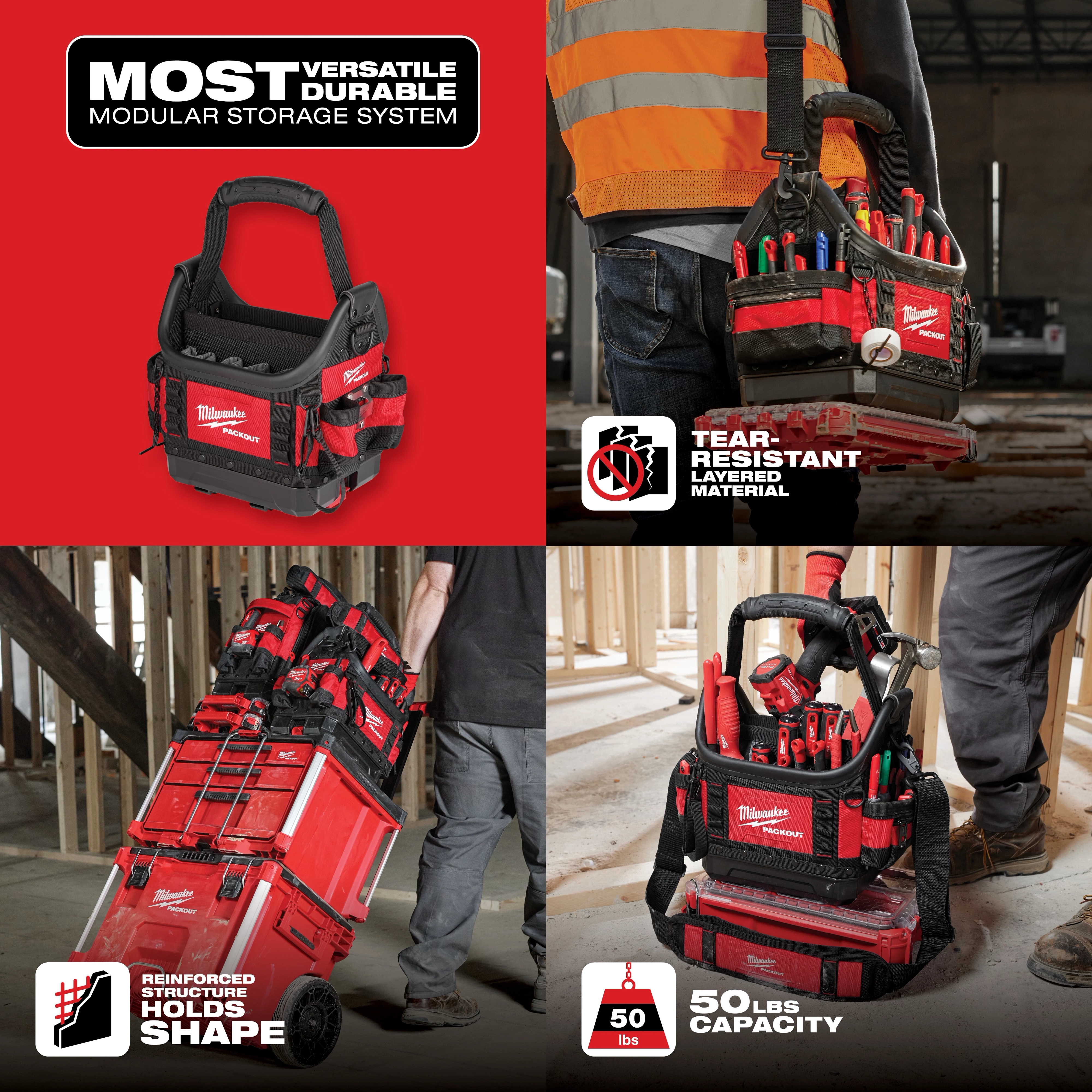 Hover Image showcases a durable modular storage system with a tear-resistant material, reinforced structure, and 50 lbs capacity.