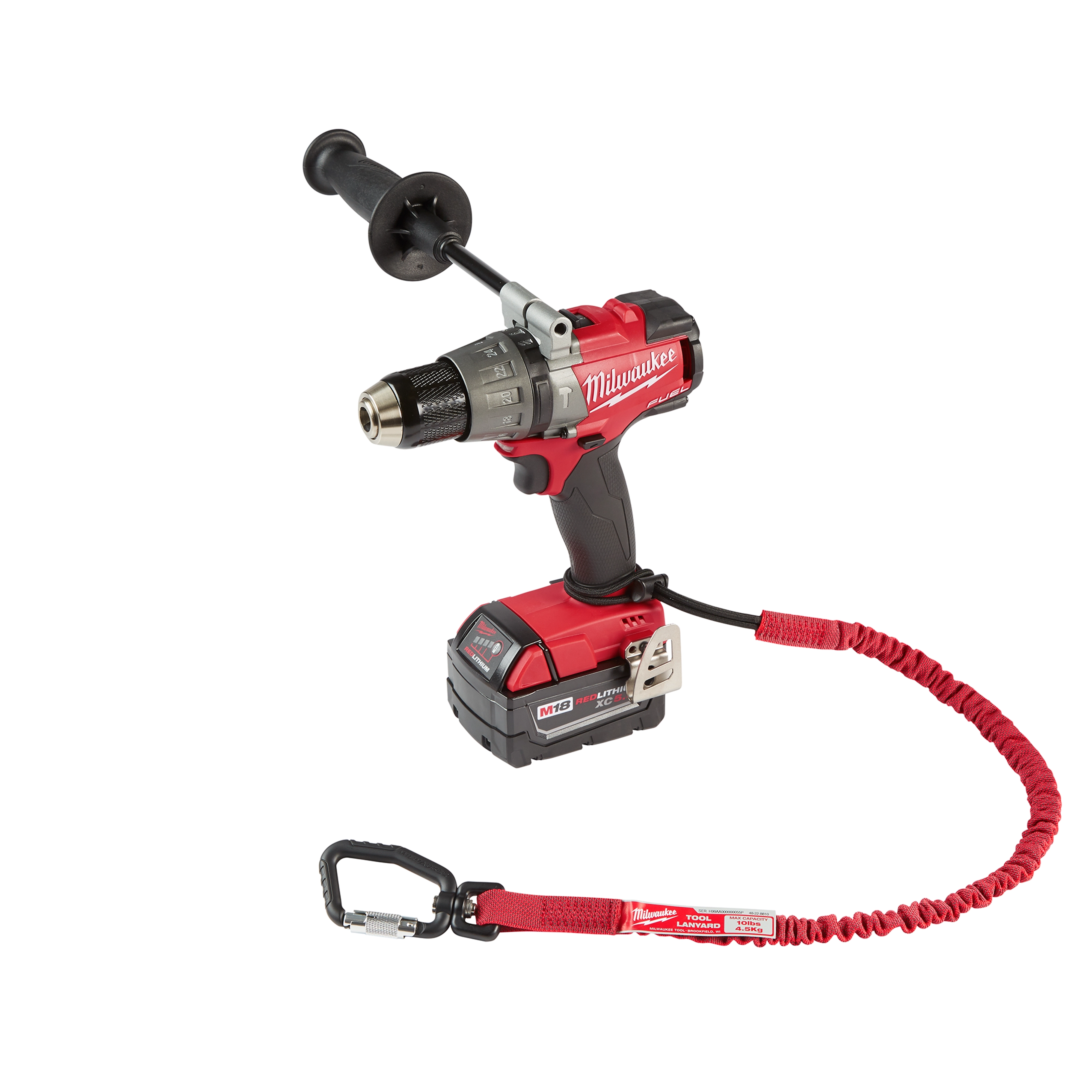Cordless red and black drill with auxiliary handle, featuring a coiled 10%20LB%20Locking%20Tool%20Lanyard attached for safety.