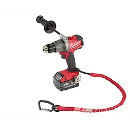 Cordless red and black drill with auxiliary handle, featuring a coiled 10%20LB%20Locking%20Tool%20Lanyard attached for safety.