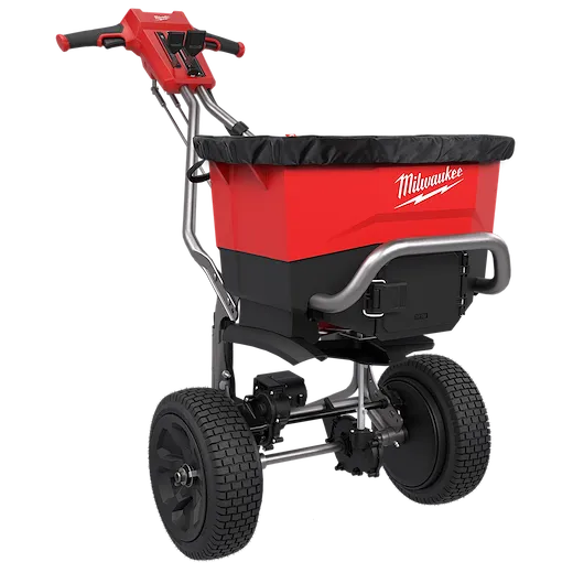 M18 Self-Propelled Broadcast Spreader with large wheels and a covered rectangular hopper on a metal frame.
