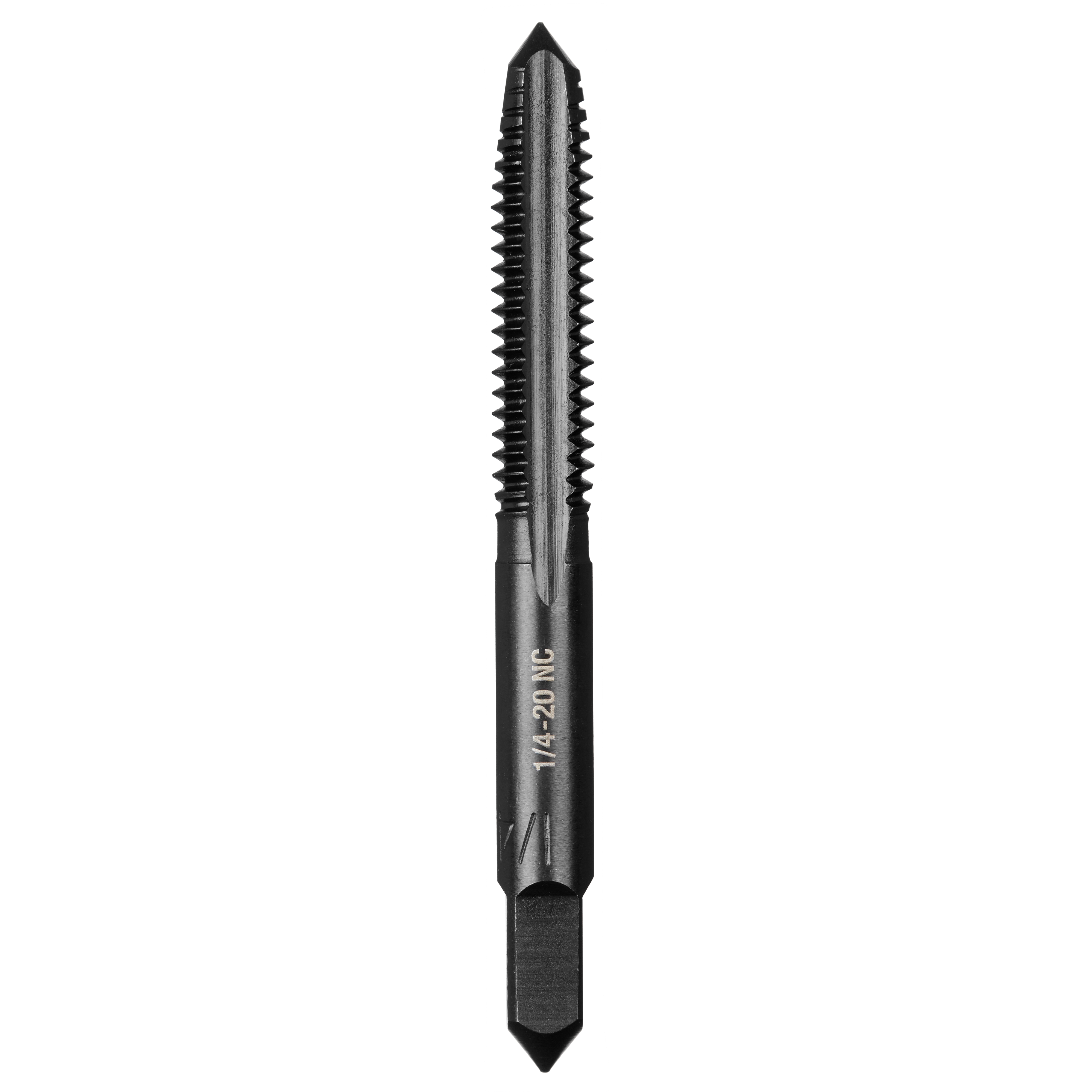 1/4"-20 NC Straight Flute Plug Tap with straight flutes, black finish, threading section, and a square-shaped end.