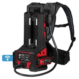 A red and black Milwaukee battery pack and charger with a shoulder strap attachment for portability.