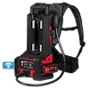 A red and black Milwaukee battery pack and charger with a shoulder strap attachment for portability.
