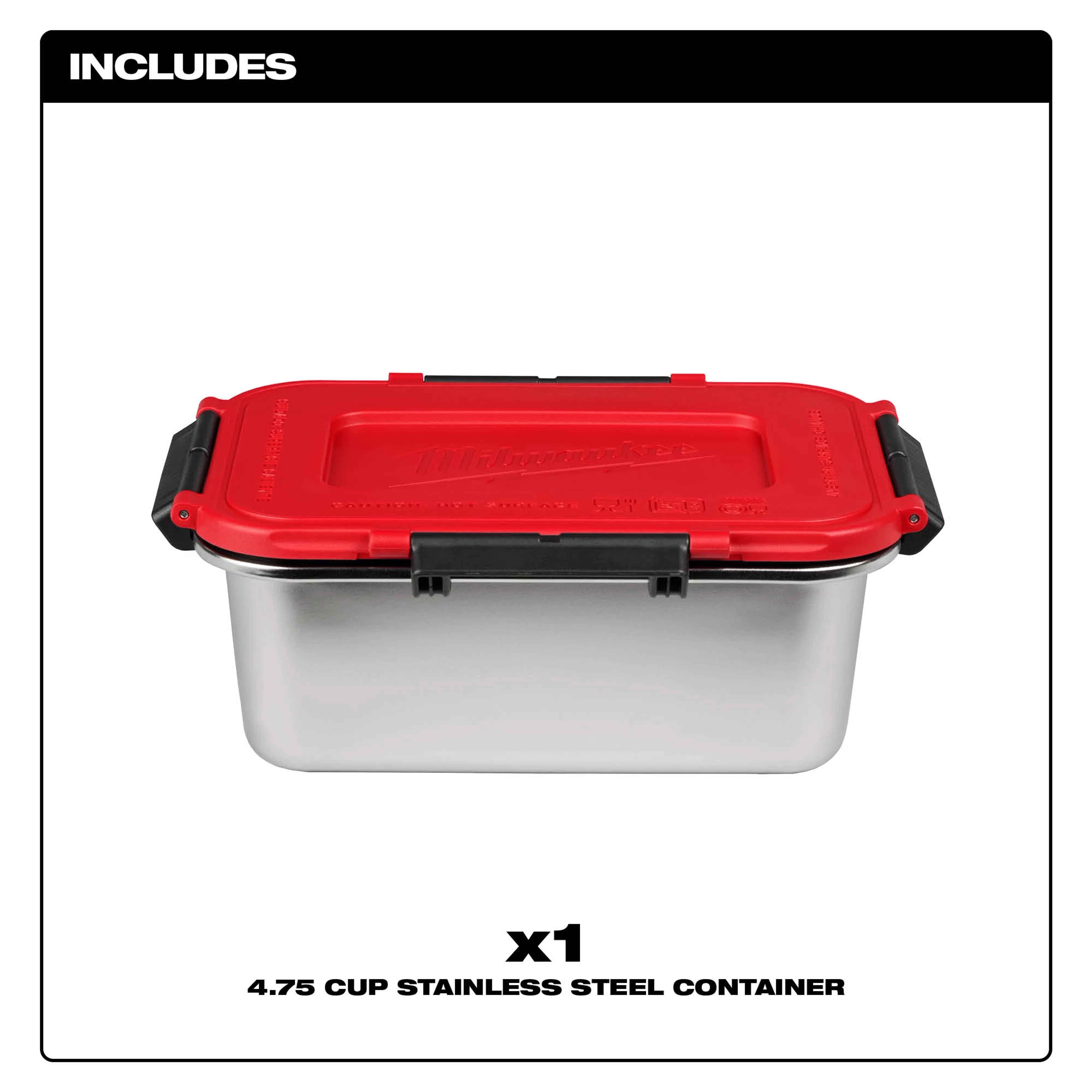Stainless Steel Container for M18 Jobsite Lunch Warmer with red lid and black side latches on white background.