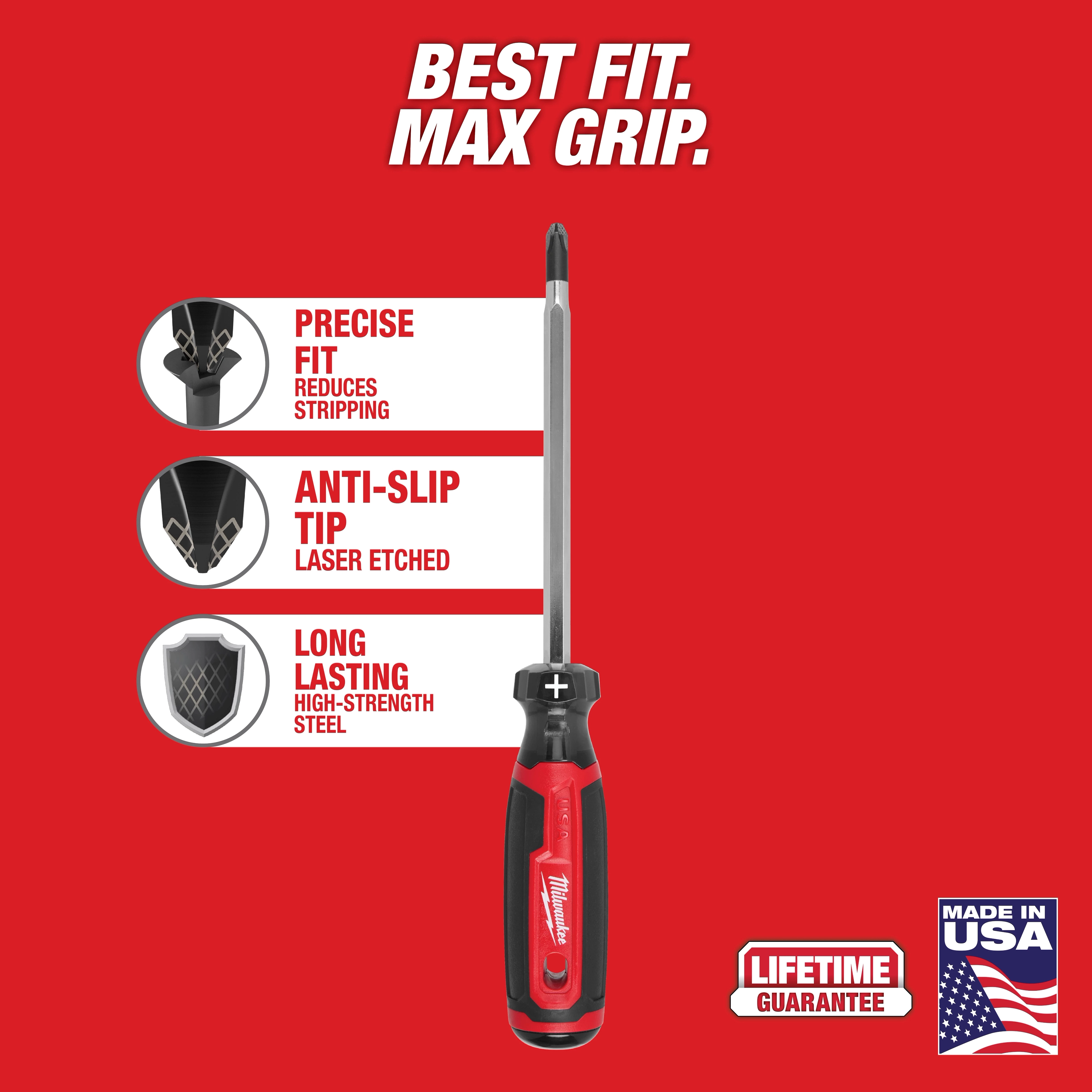 #3 Phillips 6" Cushion Grip Screwdriver (USA) centered on a red background with text callouts and badges.