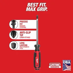 #3 Phillips 6" Cushion Grip Screwdriver (USA) centered on a red background with text callouts and badges.