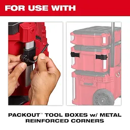 Two images show a hand adjusting a component and stacked red toolboxes on a wheeled base. The text on the image reads, "For use with PACKOUT™ tool boxes w/ metal reinforced corners."