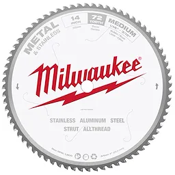 Milwaukee 14" Metal Cutting Circular Saw Blade with 72 teeth, suitable for stainless steel, aluminum, steel, strut, and allthread.