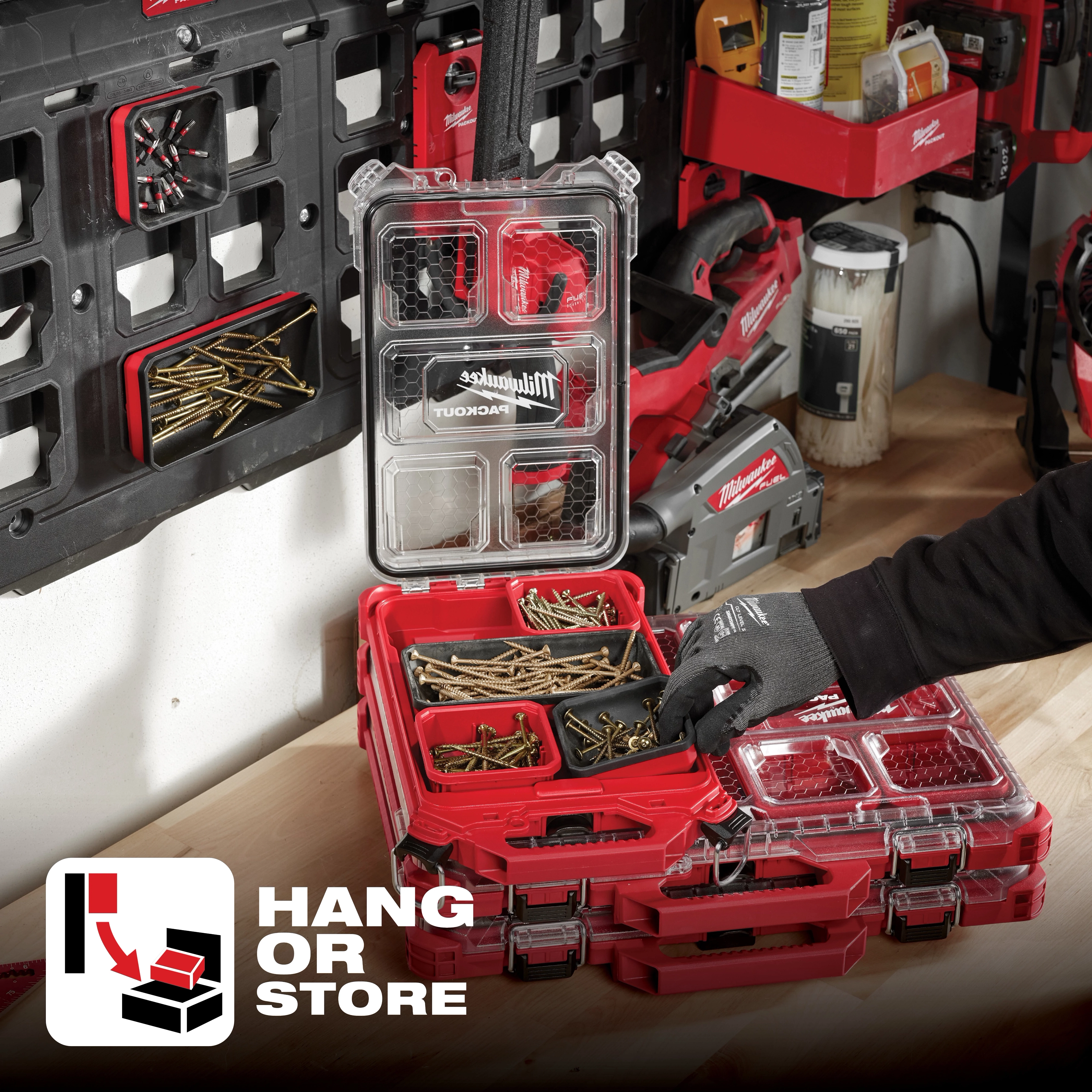 App%20Shot%20Overlay spacious and durable tool organizer box holds screws and small parts, featuring convenient wall mounting.