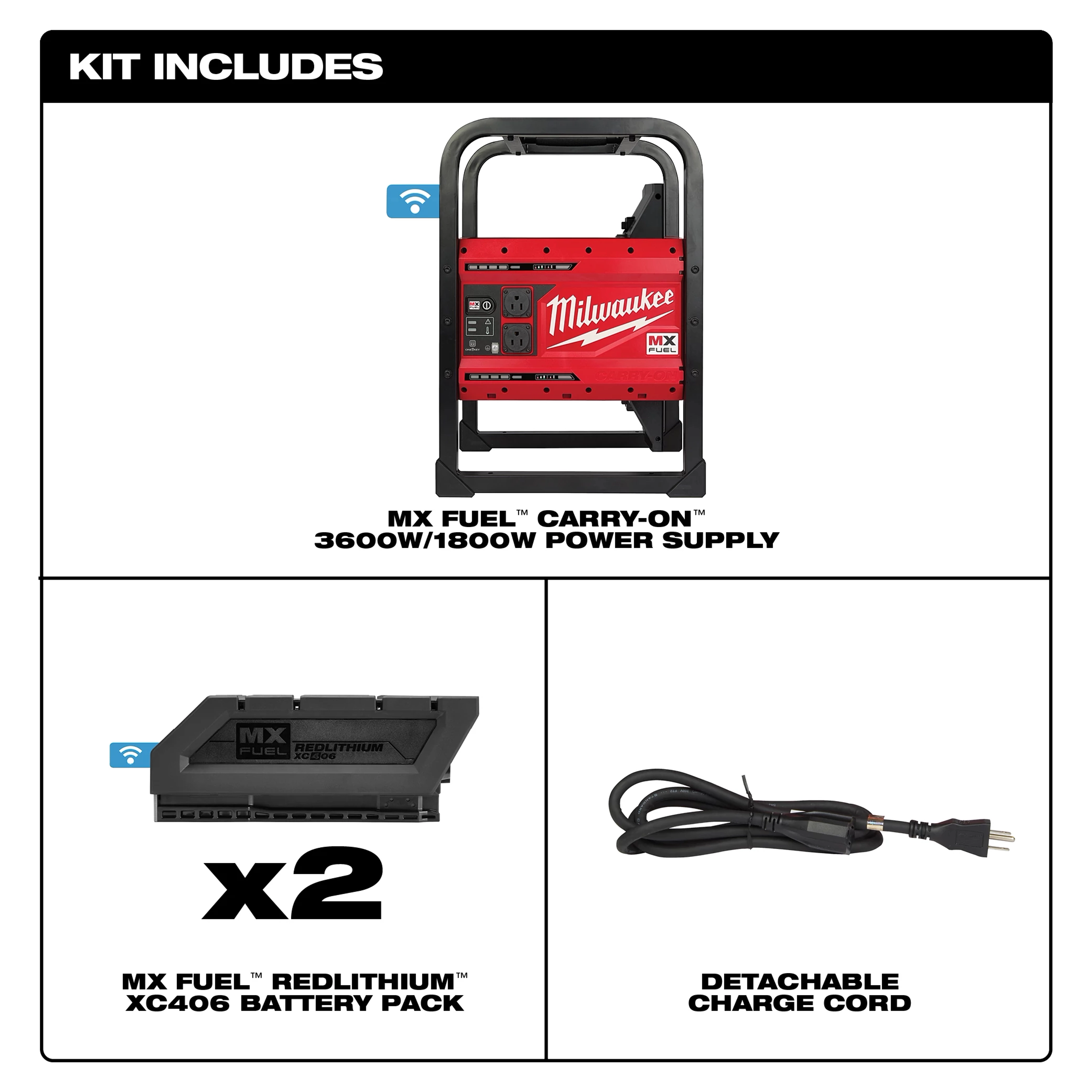 MX FUEL CARRY-ON 3600W/1800W Power Supply Kit includes power supply, two RedLithium XC406 battery packs, and detachable charge cord.