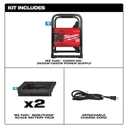 MX FUEL CARRY-ON 3600W/1800W Power Supply Kit includes power supply, two RedLithium XC406 battery packs, and detachable charge cord.