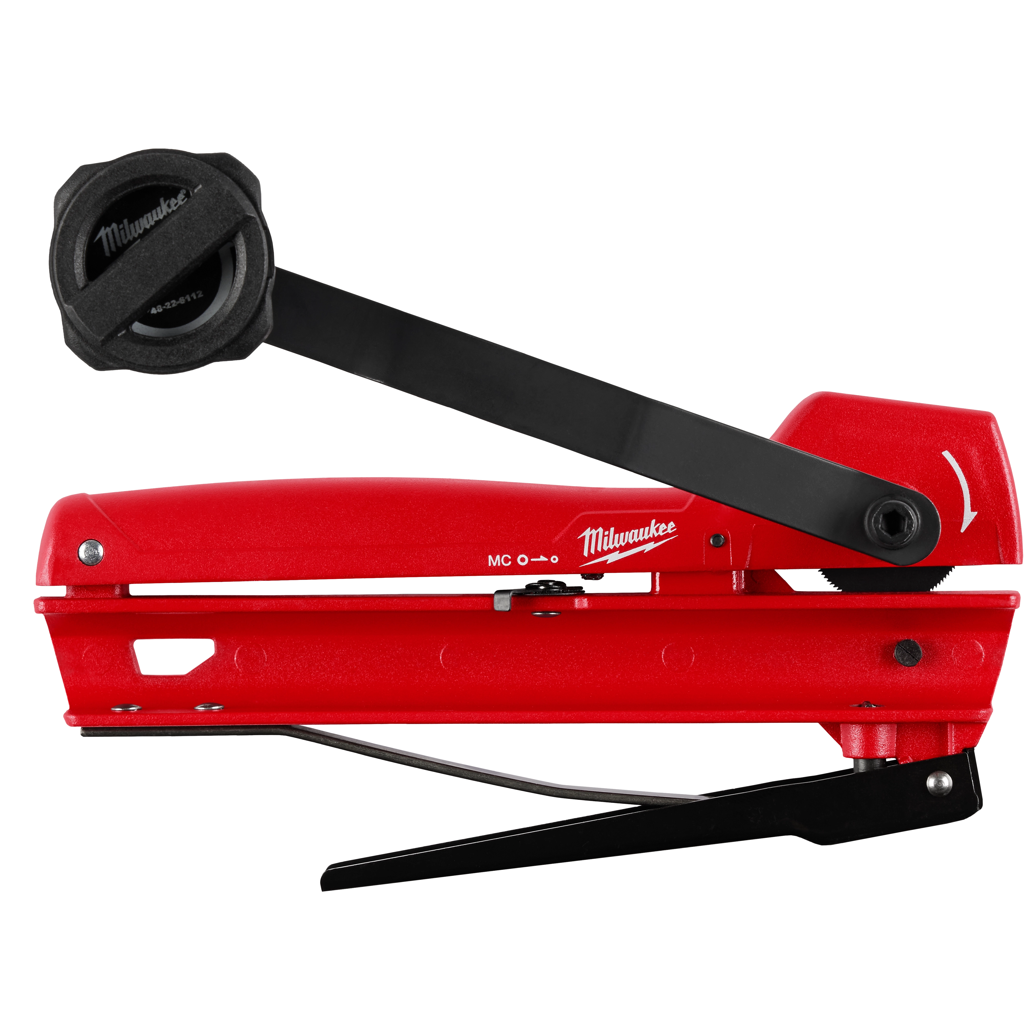 Milwaukee Armored Cable Cutter with a red body and black handle. Used for cutting armored cables efficiently.